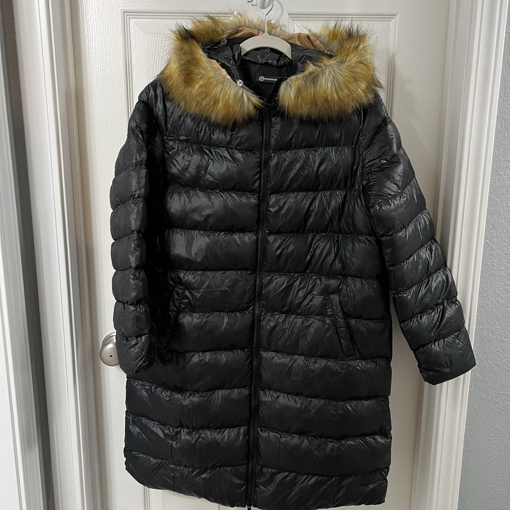 PrettyGarden Puffer Coat Polyamide Faux Fur Trim Hood Black Quilted Parka Cozy S